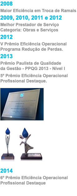 2008 Maior Eficiência em Troca de Ramais 2009, 2010, 2011 e 2012 Melhor Prestador de Serviço Categoria: Obras e Serviços 2012 V Prêmio Eficiência Operacional Programa Redução de Perdas. 2013 Prêmio Paulista de Qualidade da Gestão - PPQG 2013 - Nível I 5º Prêmio Eficiência Operacional Profissional Destaque. ﷯ ﷯ 2014 6º Prêmio Eficiência Operacional Profissional Destaque