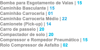 Bomba para Esgotamento de Valas | 15 Caminhão Basculante | 15 Caminhão Carroceria | 01 Caminhão Carroceria Médio | 22 Camionete (Pick-up) | 14 Carro de passeio | 20 Compactador de solo | 20 Compressor e Rompedor Pneumático | 15 Rolo Compressor de Asfalto | 02